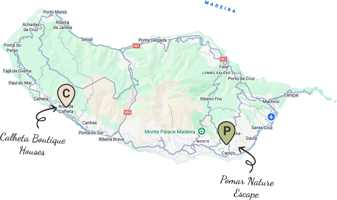 Een afbeelding van het eiland Madeira met daarop de twee locaties Calheta en Pomar aangekaart
